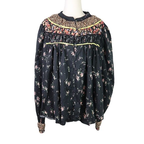 Free People Paloma black floral print flowy blouse peasant top M - Picture 1 of 8